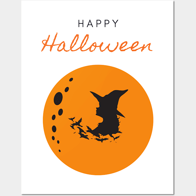 Happy Halloween Orange Moon Witch Wall Art by Kiyiya Designs